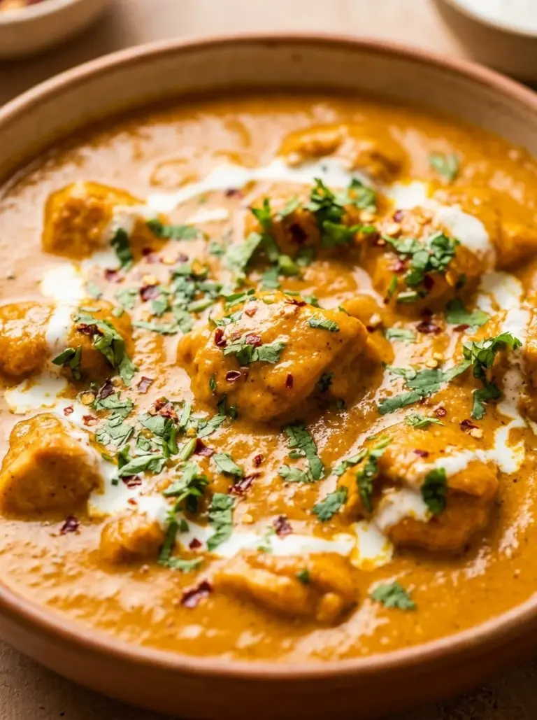 Delicious Butter Chicken served with rice and naan bread in a traditional Indian setting.