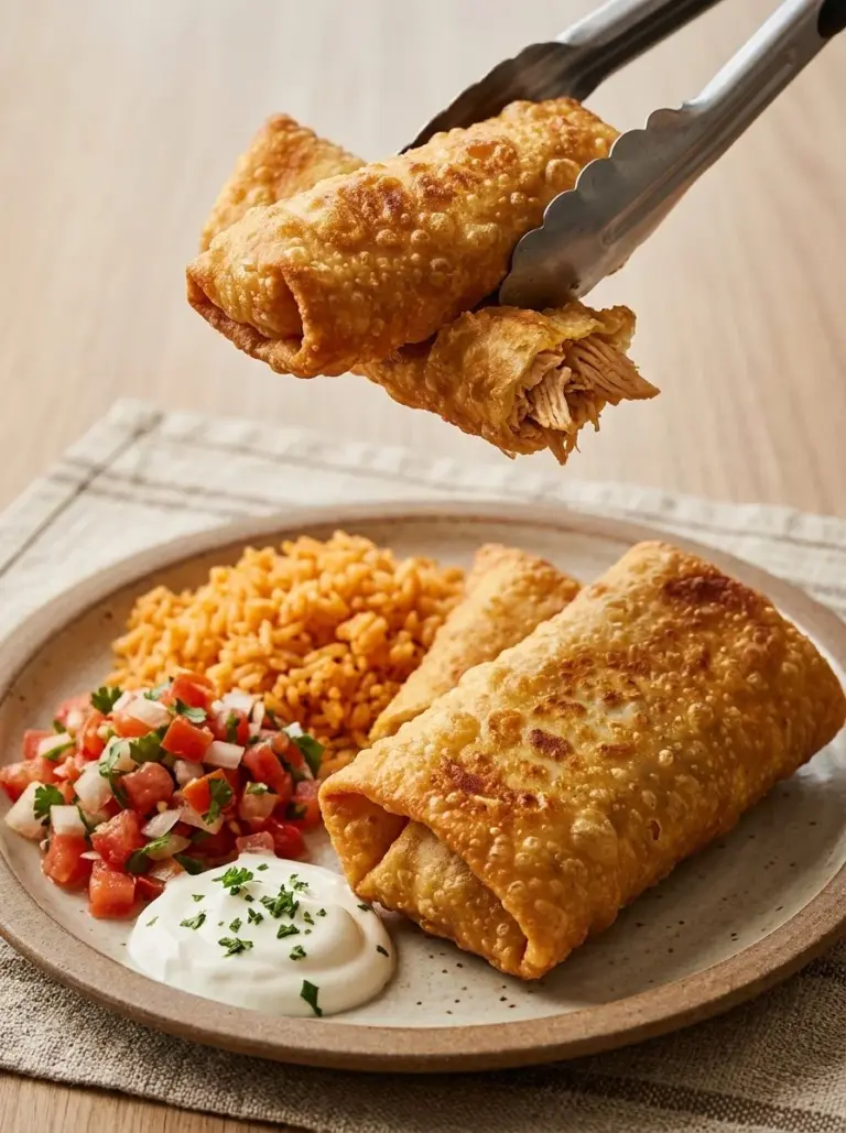 Delicious Chicken Chimichangas filled with tender chicken and served with sauces