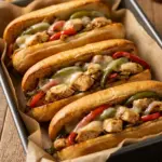 Mouthwatering Chicken Philly Cheese Steaks served on a fresh roll with toppings