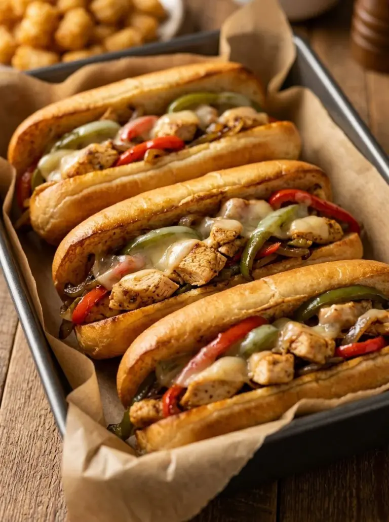 Mouthwatering Chicken Philly Cheese Steaks served on a fresh roll with toppings