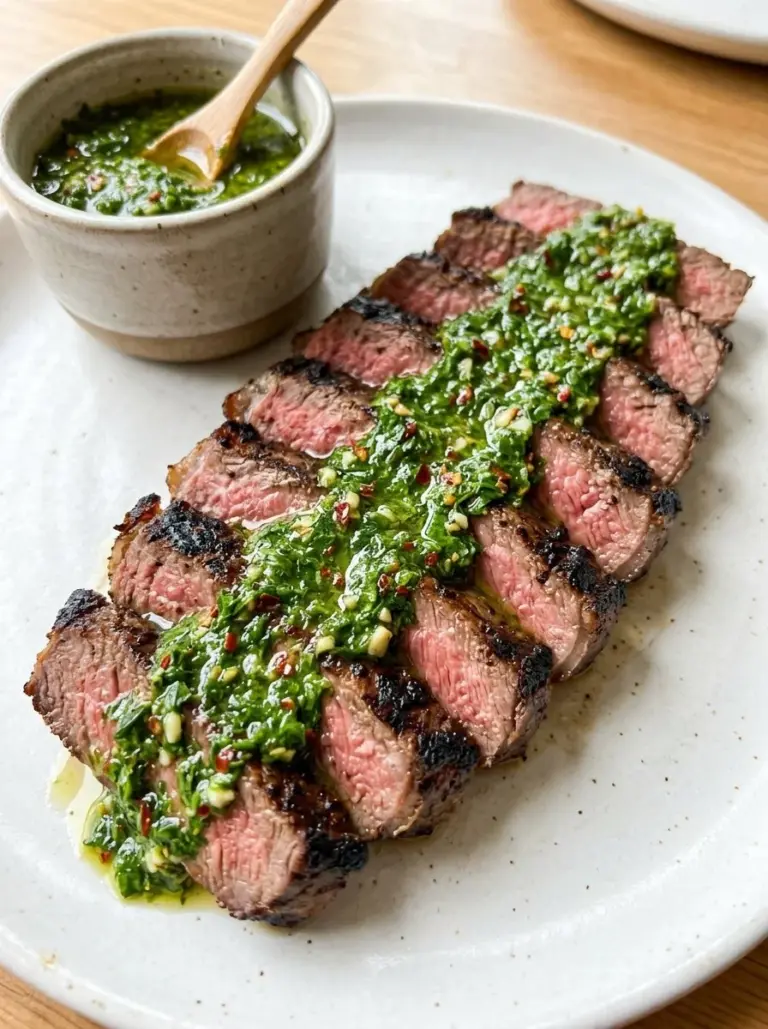 Juicy chimichurri steak garnished with fresh herbs and served on a plate
