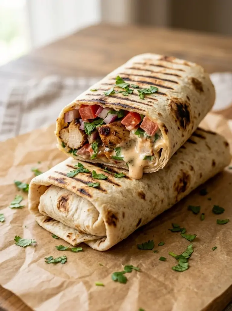 Delicious chipotle ranch grilled chicken burrito with fresh ingredients