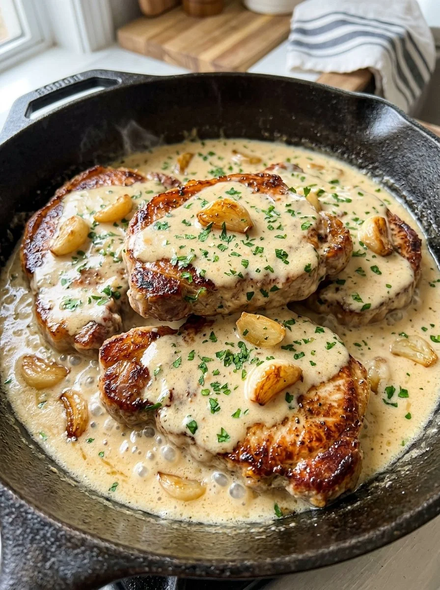 Creamy garlic pork chops served with herbs and spices
