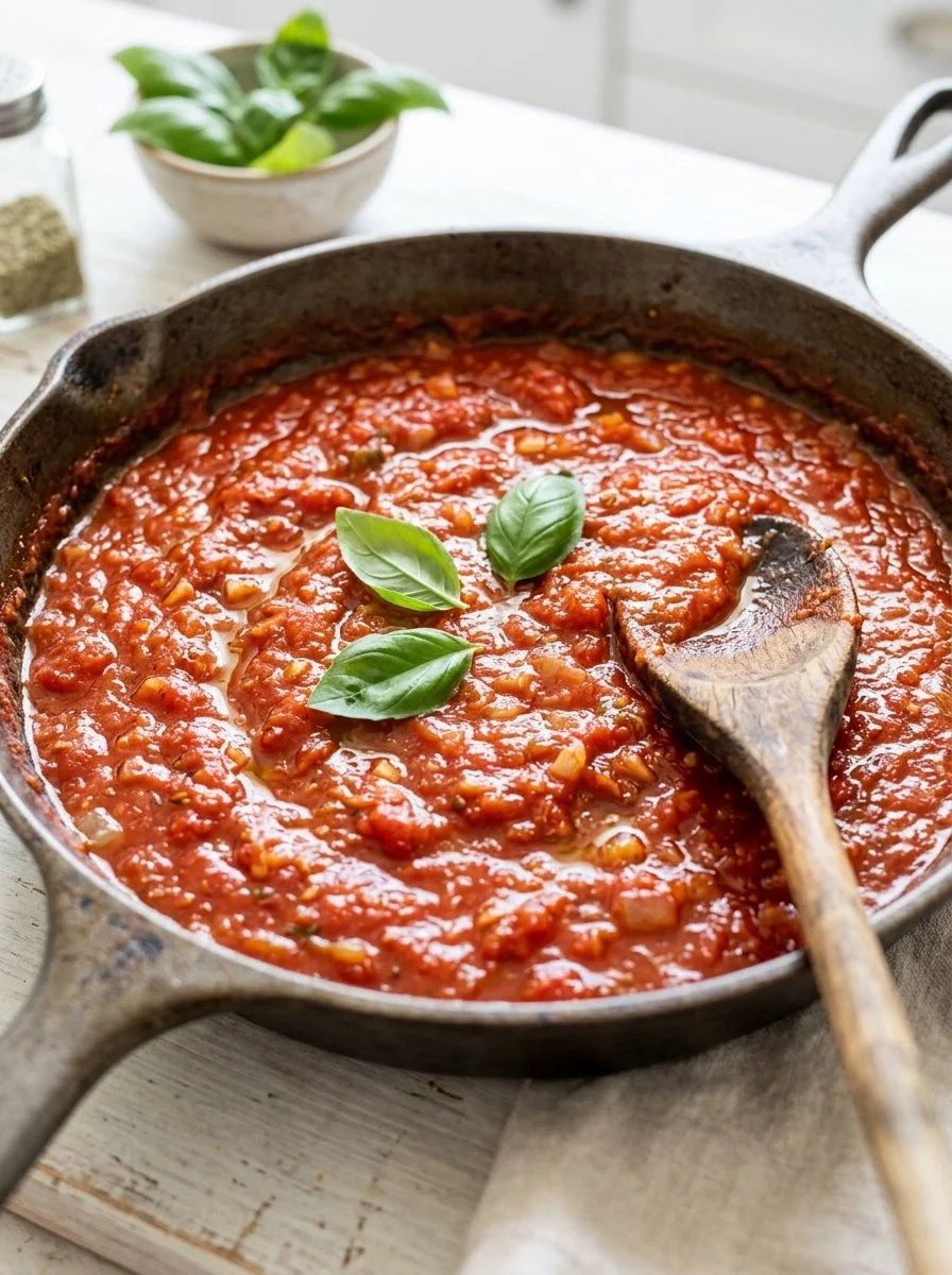 Bowl of easy and authentic homemade marinara sauce with fresh tomatoes and herbs