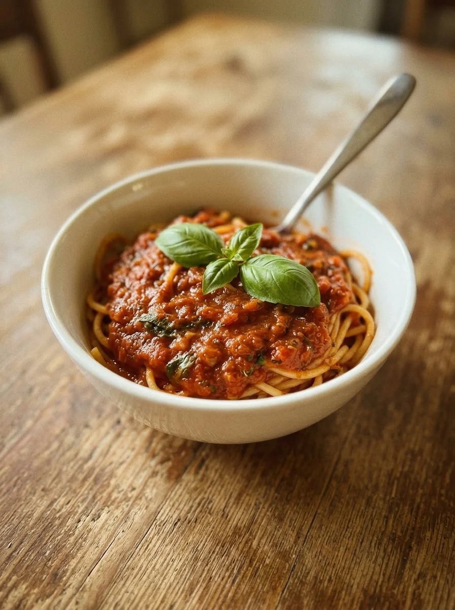 Homemade spaghetti sauce in a rustic bowl with fresh herbs.