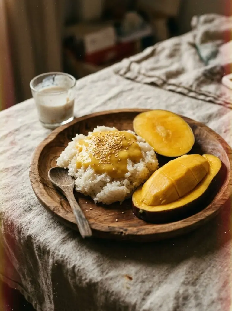 Plate of Thai mango sticky rice topped with fresh mango slices and coconut sauce.