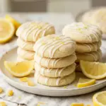 Freshly baked soft and chewy lemon sugar cookies on a cooling rack