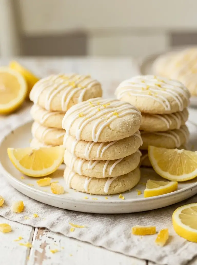 Freshly baked soft and chewy lemon sugar cookies on a cooling rack
