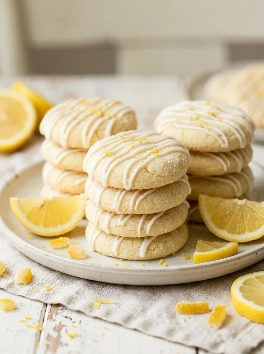 Freshly baked soft and chewy lemon sugar cookies on a cooling rack
