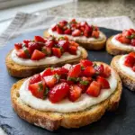 Delicious Strawberry Ricotta Bruschetta topped with fresh strawberries