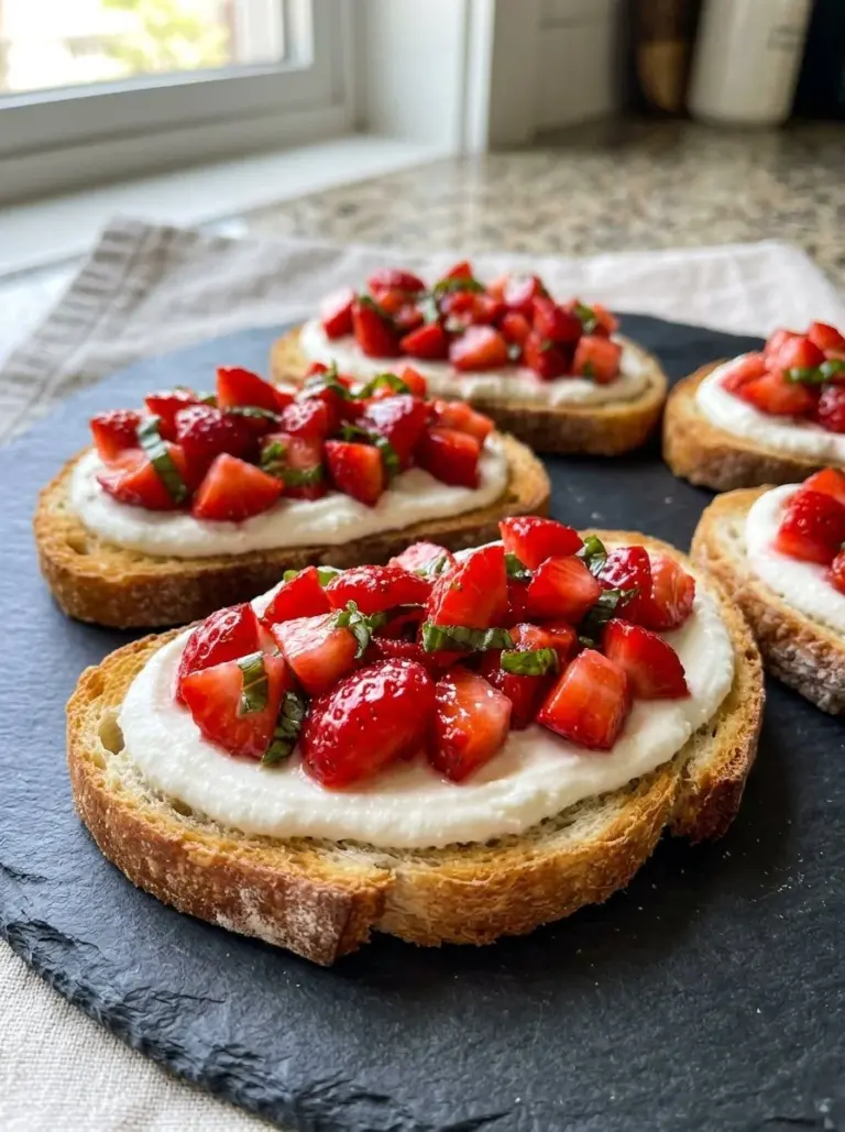 Delicious Strawberry Ricotta Bruschetta topped with fresh strawberries