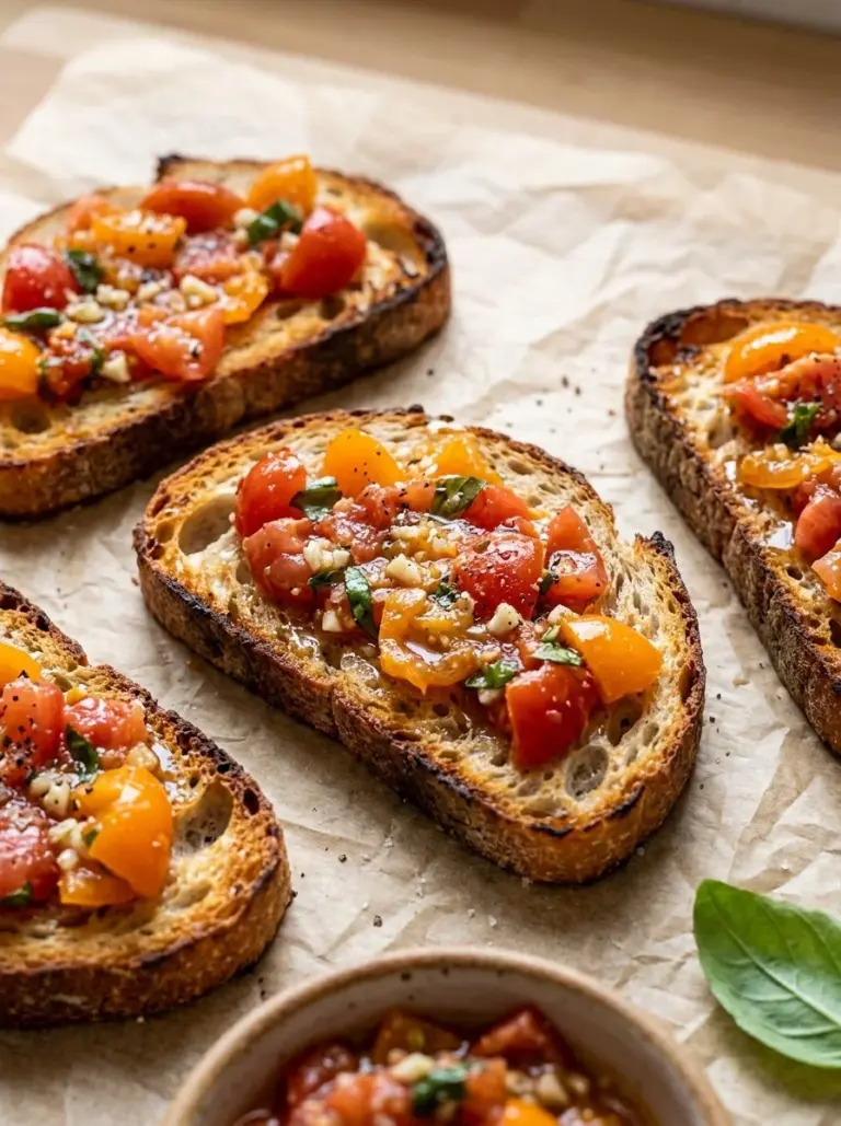 Delicious Tomato Bruschetta served on toasted bread with fresh herbs