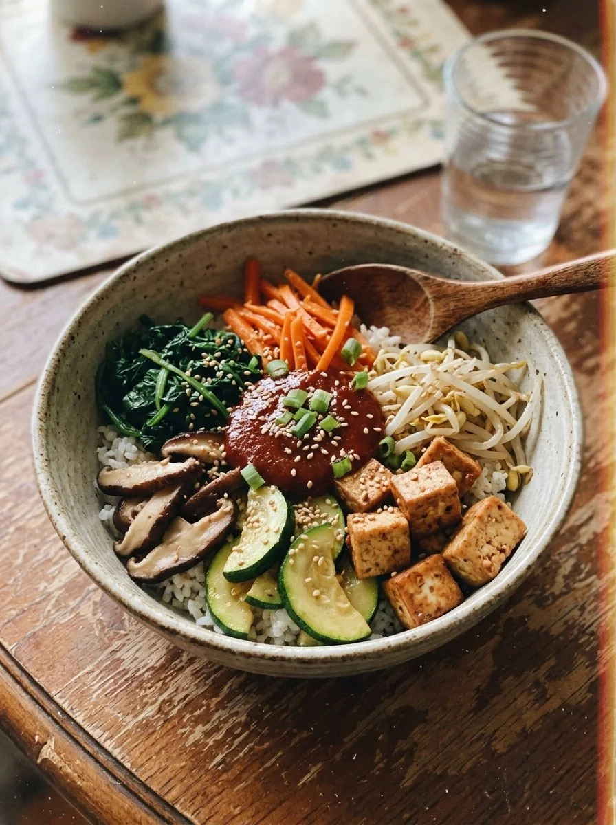 Delicious Vegan Bibimbap served with fresh vegetables and tofu in a vibrant bowl.